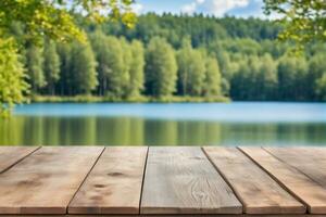 ai generado vacío de madera mesa con lago y bosque antecedentes ai generado foto