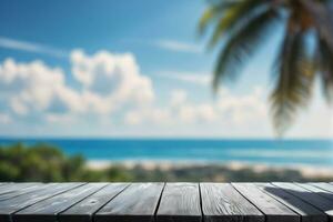 AI generated Empty Black Wooden Table with Blurred Ocean and Island Background AI Generated photo