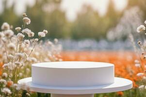 AI generated Empty White Minimalist Modern Rounded Podium with Blurred Floral Flower Field Background AI Generated photo