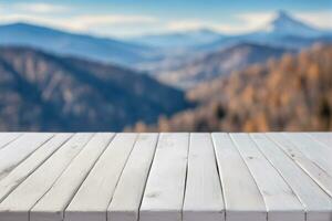 AI generated Empty White Wooden Table with Blurred Mountains Peak and Hill View Scenery Background AI Generated photo