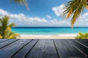 AI generated Empty Black Wooden Table with Blurred Beach Background AI Generated photo