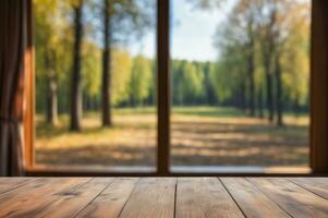 ai generado vacío de madera mesa en frente de ventana con borroso bosque ver antecedentes ai generado foto