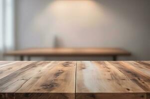 AI generated Empty Wooden Table in a Dimly Lit Room with Bokeh and Blurred Background AI Generated photo