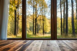 ai generado vacío de madera mesa en frente de ventana con borroso bosque ver antecedentes ai generado foto