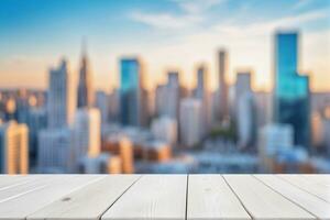 AI generated Empty White Wooden Table with Blurred City Skyscraper Scape View Landscape Background AI Generated photo