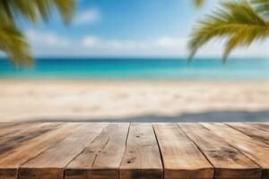 AI generated Empty Wooden Table with Blurred Beach and Palm Trees in The Background AI Generated photo