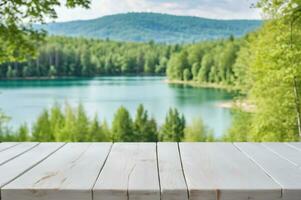 ai generado vacío blanco de madera mesa con borroso lago y bosque antecedentes ai generado foto
