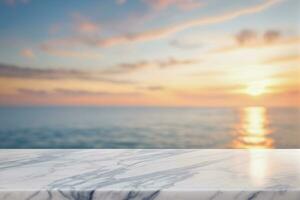 AI generated Empty White Marble Table with Blurred Blue Sea Ocean Background at Dawn or Dusk AI Generated photo