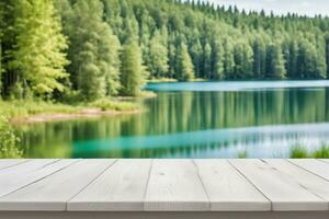 ai generado vacío blanco de madera mesa con borroso lago y bosque antecedentes ai generado foto