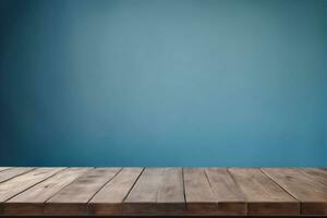 AI generated Empty Wooden Table with Blue Wall Background AI Generated photo