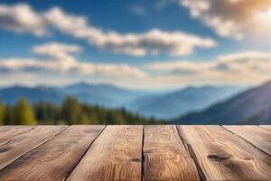 AI generated Empty Wooden Table with Blurred Mountains Peak and Hill View Scenery Background AI Generated photo