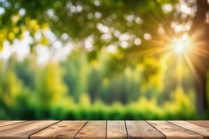 ai generado vacío de madera mesa con borroso bosque y Dom ligero eje bokeh antecedentes ai generado foto