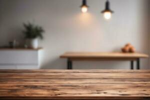 AI generated Empty Wooden Table in a Dimly Lit Room with Bokeh and Blurred Background AI Generated photo