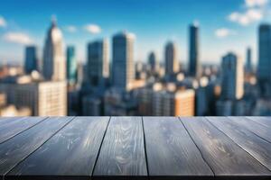 AI generated Empty Black Wooden Table with Blurred City Skyscraper Scape View Landscape Background AI Generated photo