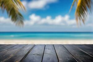 AI generated Empty Black Wooden Table with Blurred Beach Background AI Generated photo