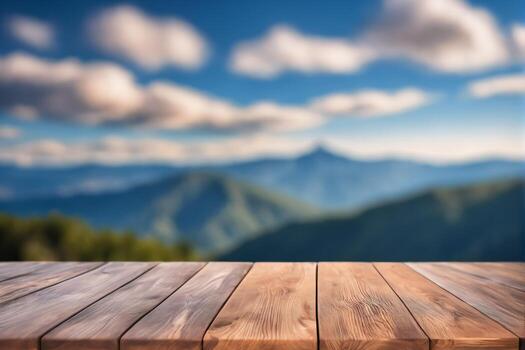 AI generated Empty Wooden Table with Blurred Mountains Peak and Hill View Scenery Background AI Generated photo