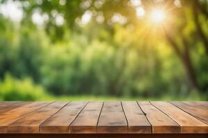 ai generado vacío de madera mesa con borroso bosque y Dom ligero eje bokeh antecedentes ai generado foto
