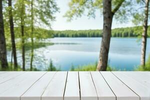 ai generado vacío blanco de madera mesa con borroso lago y bosque antecedentes ai generado foto