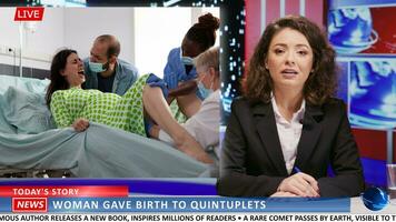 Newscaster doing reportage of new mother giving birth to five children, discussing about child delivery pain. Woman broadcaster presenting childbirth miracle footage, news channel. photo