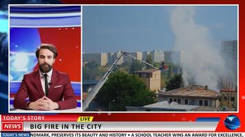 Disturing footage of fire in the city, media journalst presenting breaking news about disaster and emergency rescue operation. Broadcaster talks about firefighters extinguish burning flames. photo