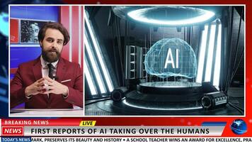 News reporter debates AI growth on live television, addressing artificial intelligence rise for media technology segment on newscast. Man presenter talks about innovation in newsroom. photo