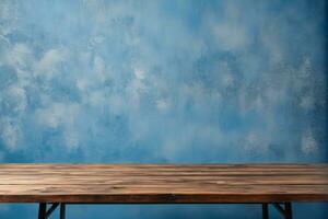 AI generated Empty Wooden Table with Blue Wall Background AI Generated photo