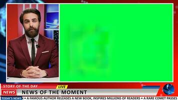 Journalist gives news with greenscreen on live television program, using modern technology copyspace template in newsroom. Man reporter talks about breaking news, politics or economics. photo