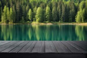 ai generado vacío negro de madera mesa con borroso lago y bosque antecedentes ai generado foto