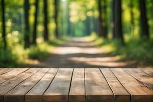 ai generado vacío de madera mesa con borroso pino arboles bosque y Dom ligero eje bokeh antecedentes ai generado foto
