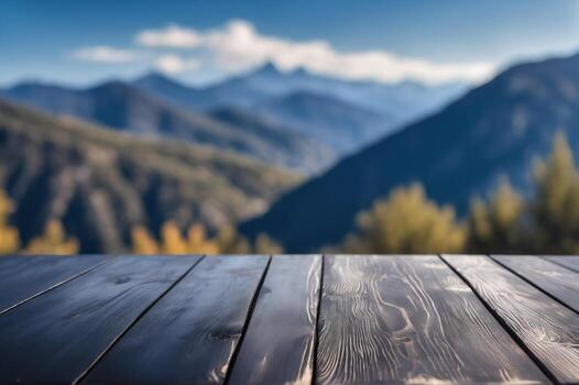 AI generated Empty Black Wooden Table with Blurred Mountains Peak and Hill View Scenery Background AI Generated photo