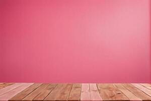 ai generado vacío de madera mesa con linda rosado pared antecedentes ai generado foto