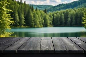 ai generado vacío negro de madera mesa con borroso lago y bosque antecedentes ai generado foto