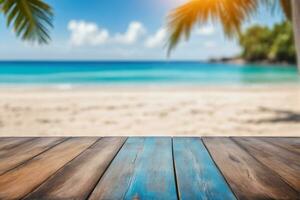 AI generated Empty Wooden Table with Blurred Beach and Palm Trees in The Background AI Generated photo