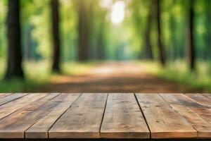 ai generado vacío de madera mesa con borroso pino arboles bosque y Dom ligero eje bokeh antecedentes ai generado foto
