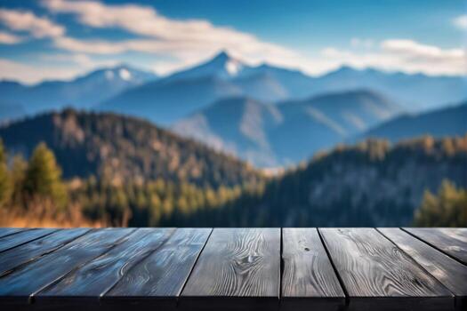 AI generated Empty Black Wooden Table with Blurred Mountains Peak and Hill View Scenery Background AI Generated photo