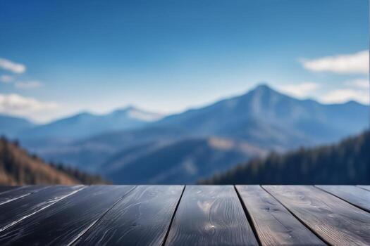 AI generated Empty Black Wooden Table with Blurred Mountains Peak and Hill View Scenery Background AI Generated photo
