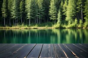 ai generado vacío negro de madera mesa con borroso lago y bosque antecedentes ai generado foto