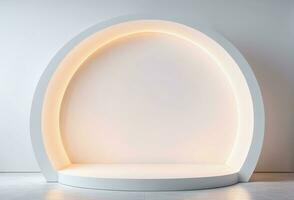 Empty White Rounded Pedestal Stage Light Illuminated Background for Product Placement photo