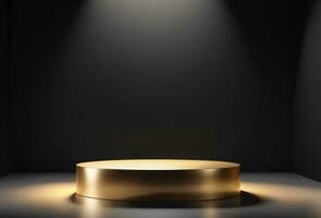 Golden Rounded Pedestal Stage in Dark Room with Studio Lighting Background for Product Placement photo