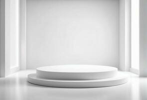 Empty White Rounded Pedestal Stage Background with Good Bright Lighting for Product Placement photo