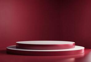 Empty Red Maroon Rounded Pedestal or Podium Platform Stage Background for Product Placement photo