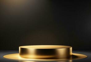 Golden Rounded Pedestal Stage in Dark Room with Studio Lighting Background for Product Placement photo