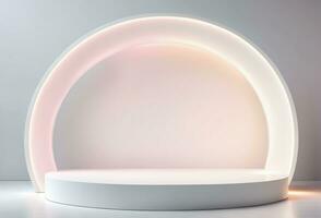 AI generated Empty White Rounded Pedestal Stage Light Illuminated Background for Product Placement AI Generated photo