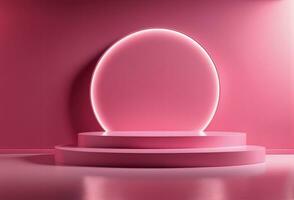 AI generated Empty Pink Rounded Pedestal Stage Light Illuminated Background for Product Placement AI Generated photo