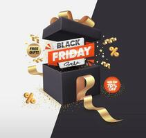 Black Friday Limited Sale Offer. Promotion Tag with Realistic Open Gift Box, Confetti and Ribbon on Black Background vector