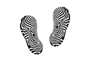 Human shoe footprints. Pair of prints of boots or sneakers. Left and right leg. Shoe sole. Black and white vector isolated on white background. Icon, symbol, pictogram. For print, design element