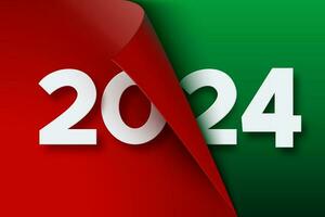 2024 New Year red paper sheet with curled corner. Curled page corner with shadow and numbers. Colorful 2024 New Year banner vector