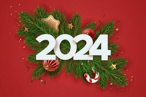 Happy New Year 2024 banner with candy, fir brunches and christmas element. Festive red background with realistic decorations vector