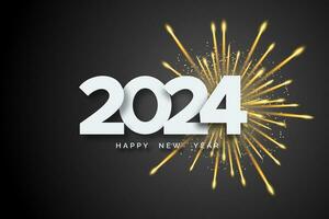 2024 Happy New Year. White numbers and firework on black background. Merry Christmas and New Year 2024 greeting card vector