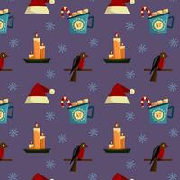 Festive seamless pattern with Christmas elements on purple background. New Year brightly colored package. Flat vector illustration.